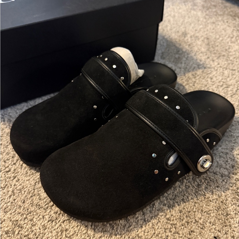 Coach Black Suede Mules with Silver Accents